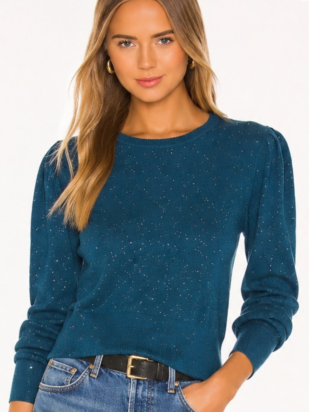 Niccolai Made in Italy Teal Glitter Knit Sweater Puff Sleeve Top Small Medium